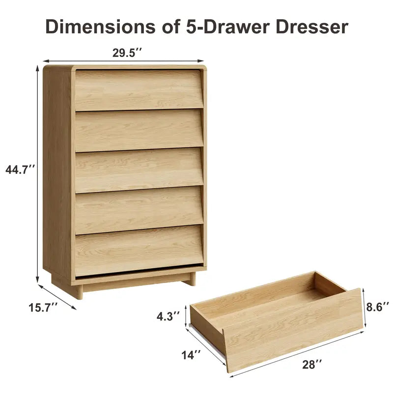 Modern 5-Drawer Wood Dresser with Handle-Free Curved Edges - Bedroom & Living Room Storage