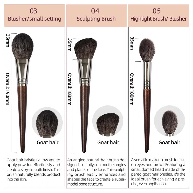 Makeup Brush Set 3 Pieces Soft Goat Hair Blusher Sculpting Highlight Tools