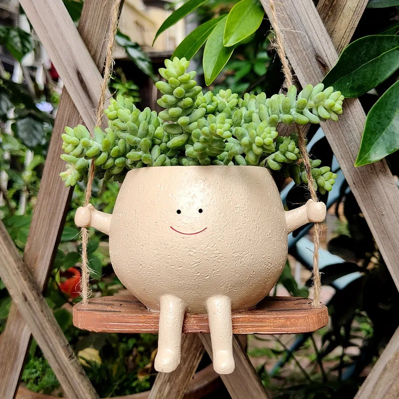 Resin Hanging Planter Pot with Smiling Face Design and Swing Base - Indoor Outdoor Garden Decor