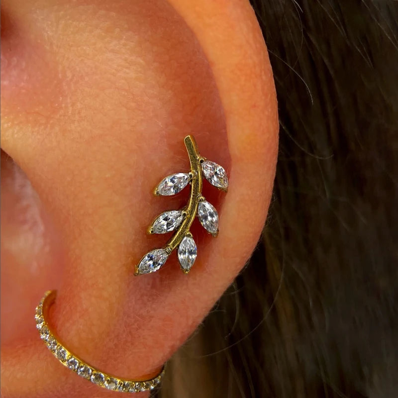 Marquise Zircon Leaf Piercing Stud 16G Titanium Earring for Tragus Conch Helix