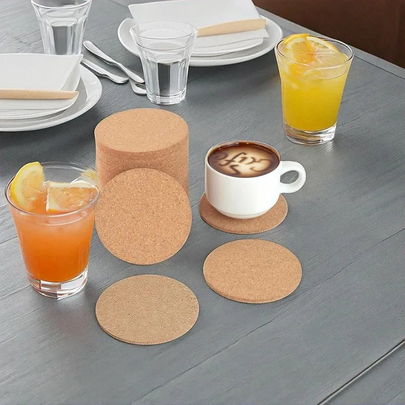 Natural Wooden Cork Coasters Set - Non-Slip Round Heat Insulation Pads for Drinks