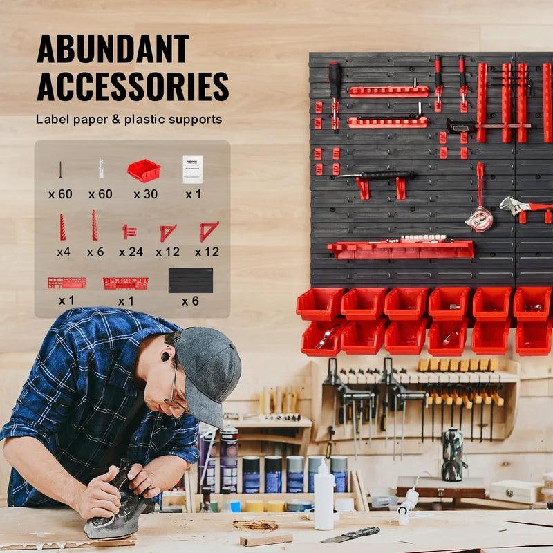 Wall Mounted Storage Bins Organizer for Garage and Workshop - Multi-Size, Durable Plastic Shelves with Hooks