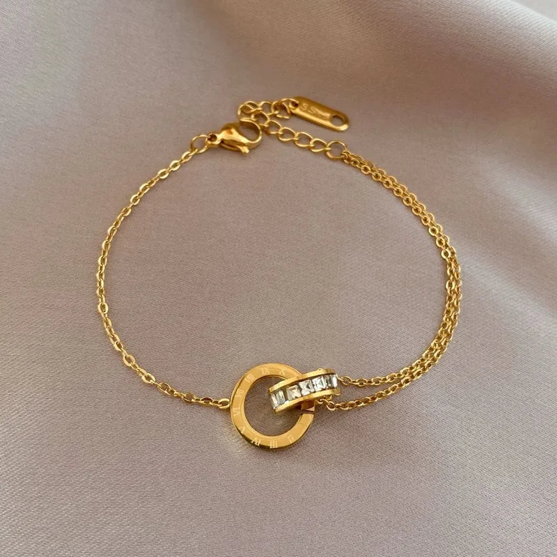 Double Ring Cross Zircon Bracelet for Women Stainless Steel Jewelry