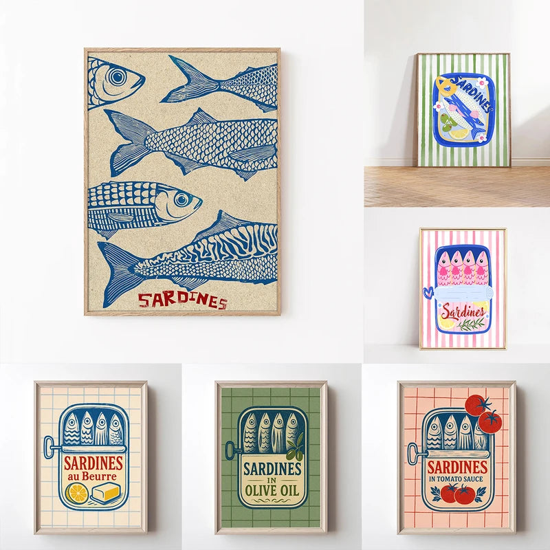 Canvas Wall Art Sardine Fisherman Aesthetic Poster for Modern Living Room & Kitchen