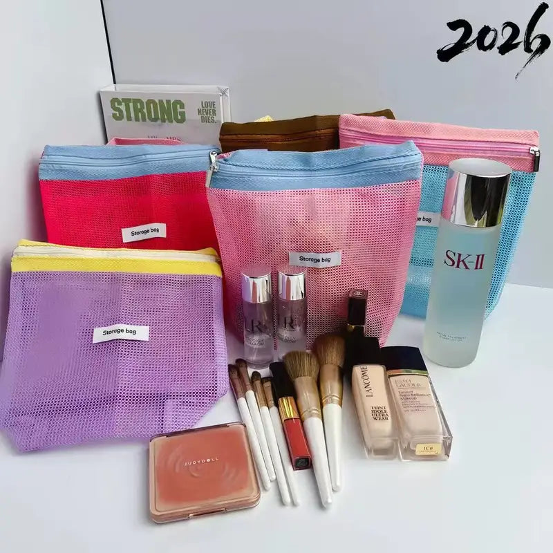 Vibrant Summer Mesh Tote Bag - Foldable Portable Cosmetic & Beach Bag