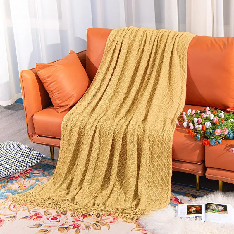 Knitted Throw Blanket Cozy Soft Warm Wool-Feel with Tassels for Couch & Home