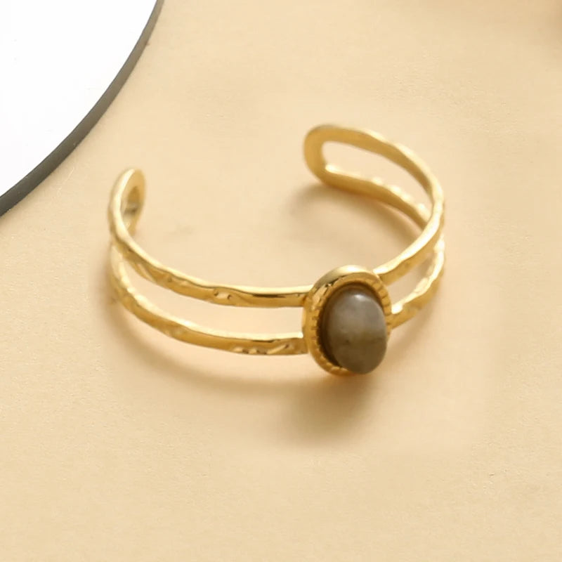 Adjustable Stainless Steel Engagement Ring with Natural Stone for Women – Vintage Style
