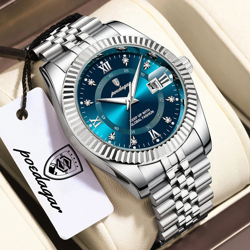 Men's Waterproof Luminous Quartz Wristwatch with Date - Stainless Steel Business & Military Style