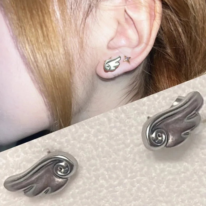 Angel Wings Earrings - Frosted Silver Studs for Women, Vintage Y2K Jewelry