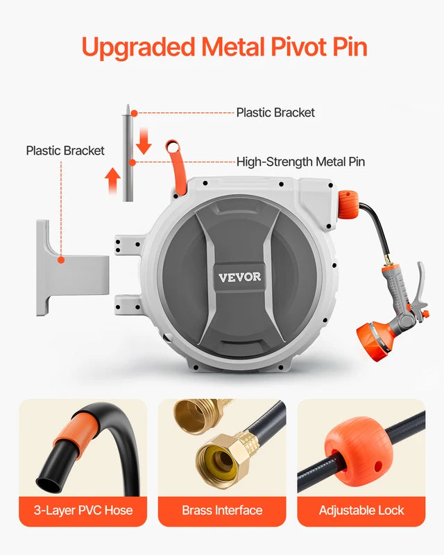 Heavy Duty Retractable Garden Hose Reel Wall Mount with 9 Spray Patterns