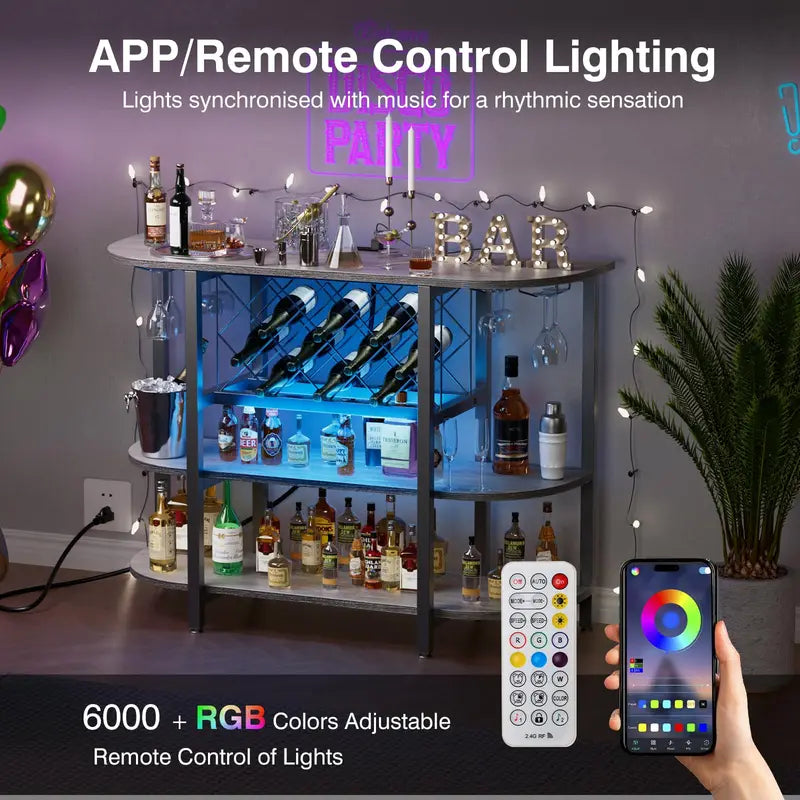 LED Home Bar Cabinet with Storage, Glass Holder & Wine Bottle Racks