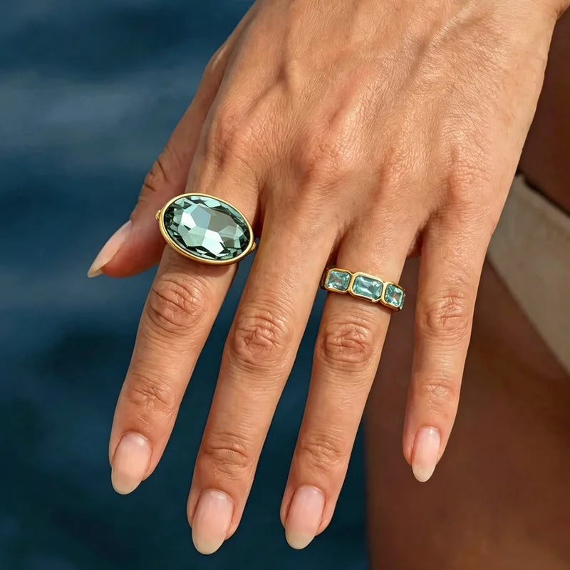 Large Blue Glass Finger Rings for Women - Minimalist Zirconia Jewelry Set
