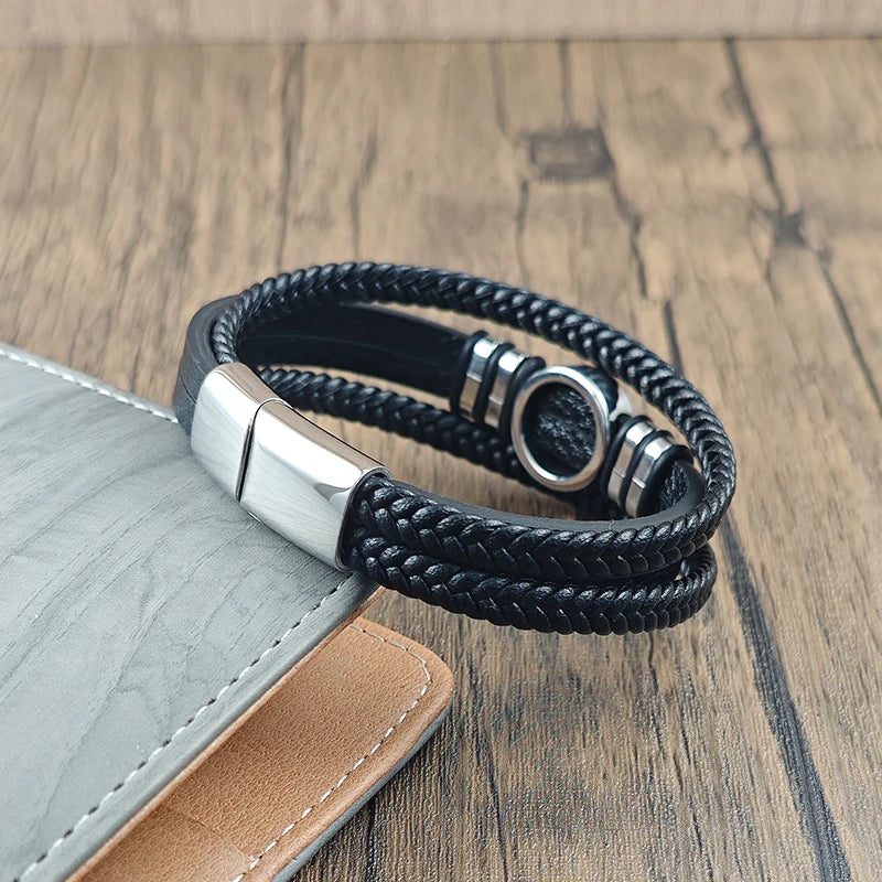 Men's Leather Bracelet with Stainless Steel Charm - Irregular Punk Accessories