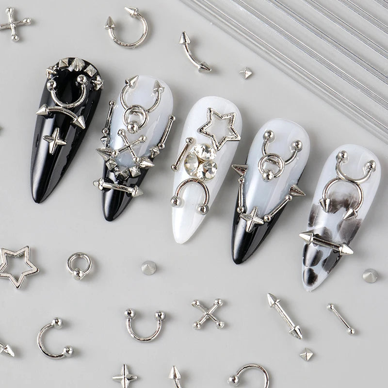 12-Grid Metallic Nail Charms Set - Punk Gothic 3D Studs & Rivets for Nails