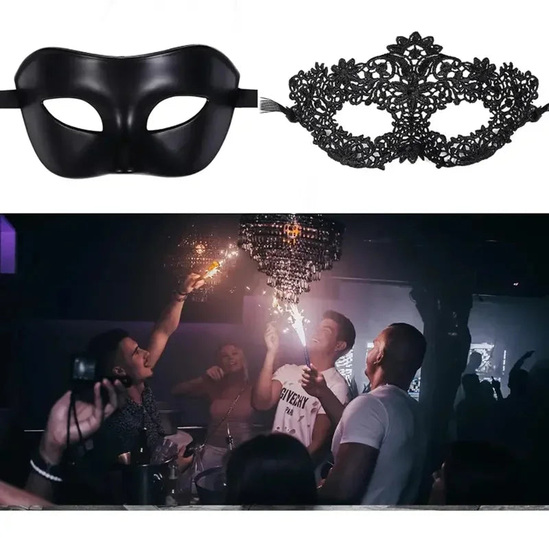 Black Lace Masquerade Mask Set for Couples - Venetian, Mardi Gras & Halloween