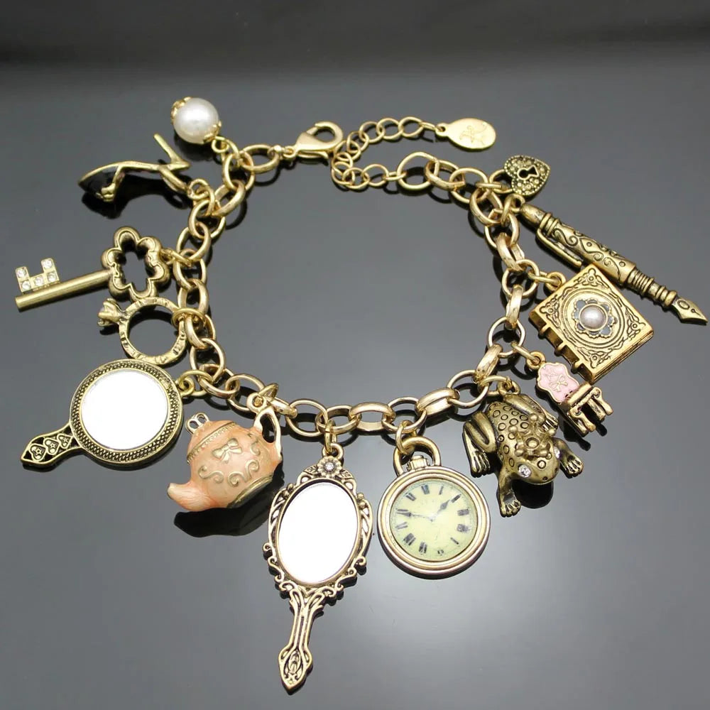 Vintage Chain Bracelet with Charms Beads Link Crystal Bangle for Women Men Jewelry Gift