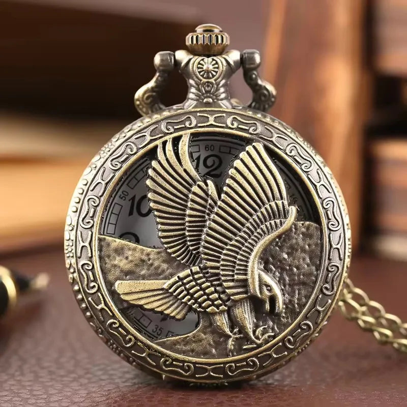 Vintage Steampunk Eagle Pendant Necklace with Bronze Metal Pocket Watch and Chain