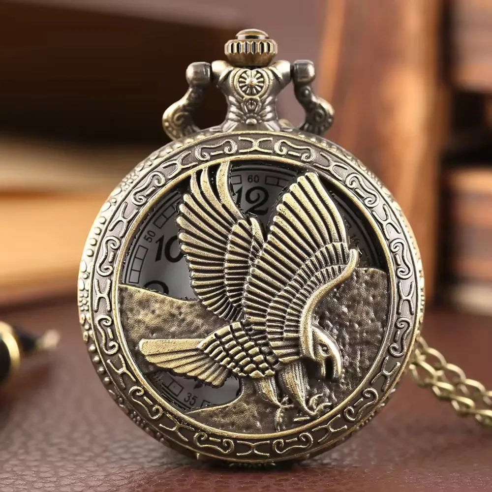 Vintage Steampunk Eagle Pendant Necklace with Bronze Metal Pocket Watch and Chain