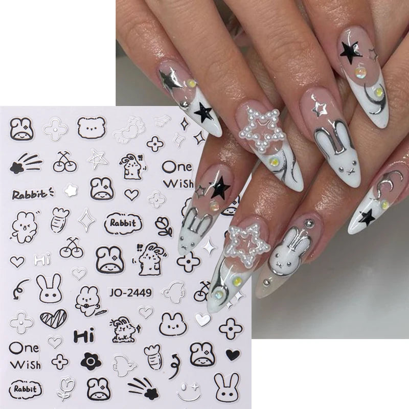 2Pcs Cartoon Cat Nail Stickers Holographic Love Heart Star Sliders for Manicure Decor
