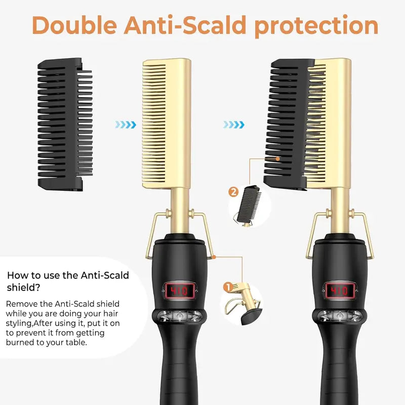 Dual Voltage Ceramic Hot Comb for Hair Straightening & Curling 450°F