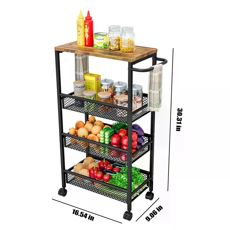Slim Narrow Rolling Cart with 4 Tiers and Metal Handle for Small Space Storage