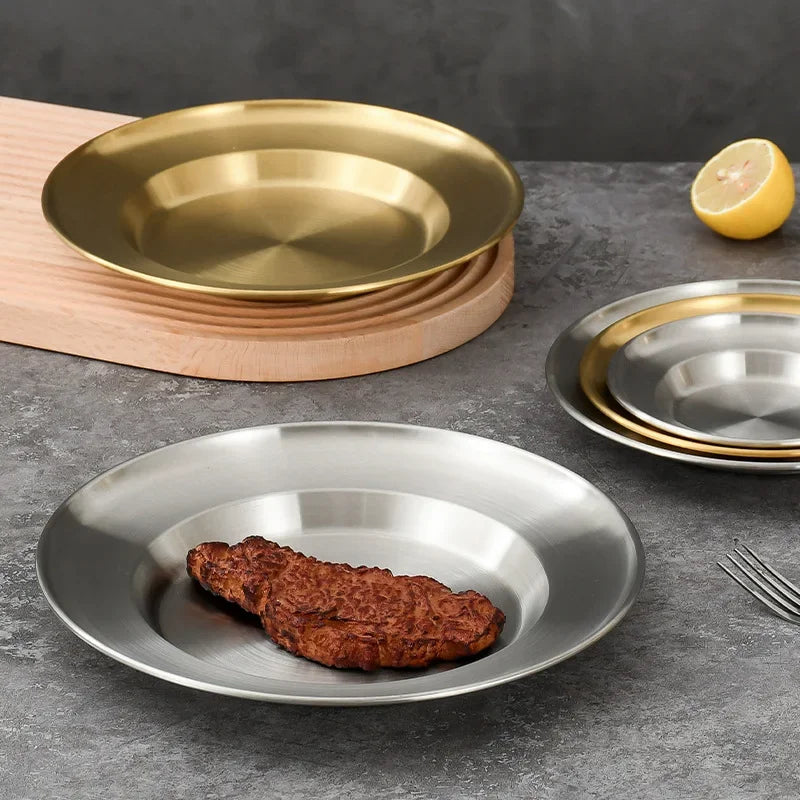 4Pcs Stainless Steel Camping Plates Set Round Shallow Dish for Picnic BBQ Cooking