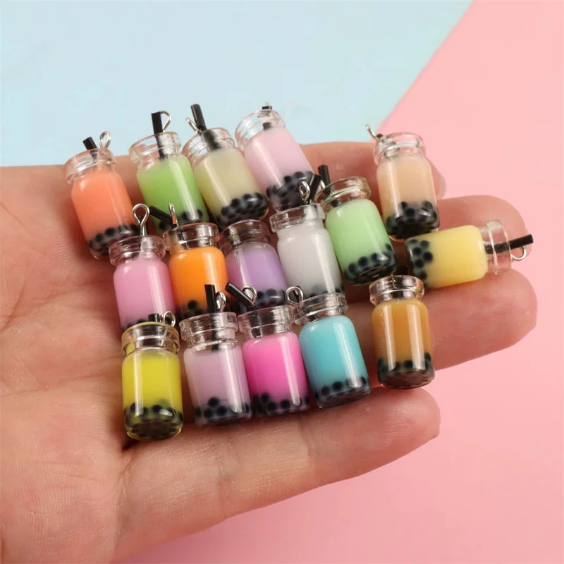 20pcs Colorful Milk Tea Fruit Bottle Charms Glass Pendants Jewelry Findings