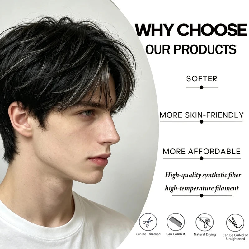Black Synthetic Cosplay Wig Men Short Messy Layered Heat Resistant Fiber for Halloween