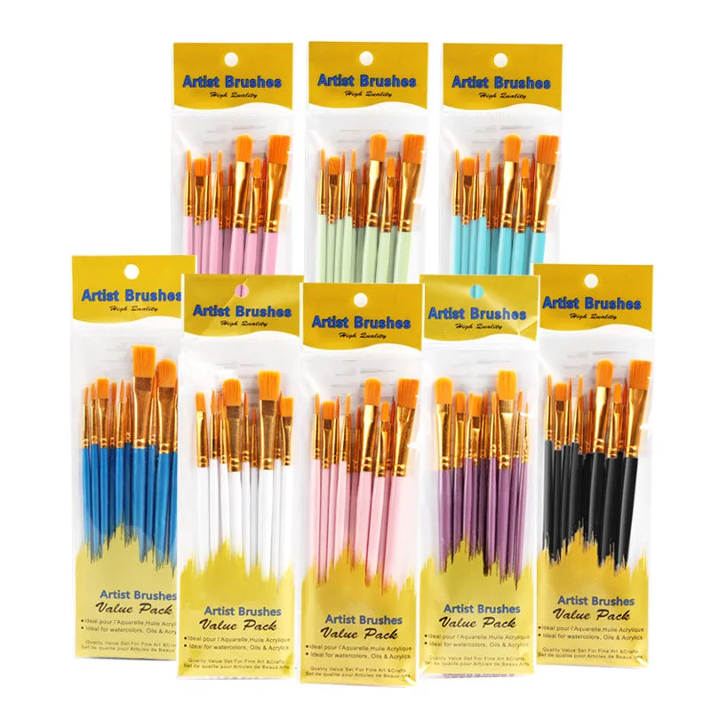 10Pcs Multi-Function Paintbrush Set for Watercolor Oil Gouache Art - Nylon Hair