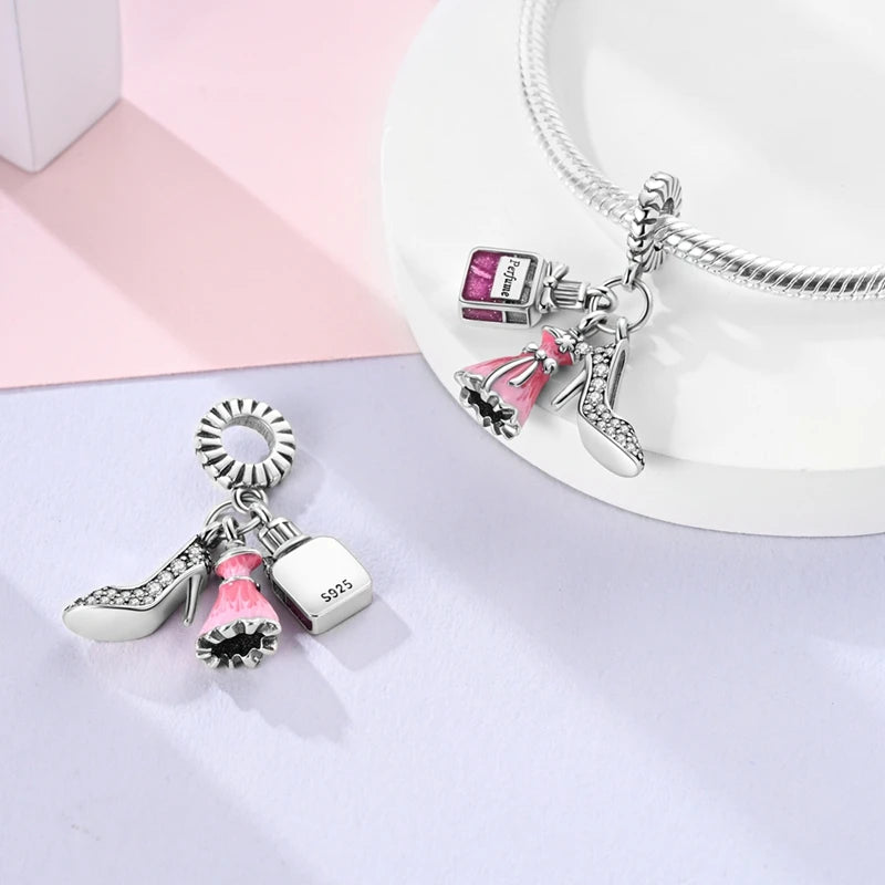 Sterling Silver Charm Beads with Bow and Perfume Bottle Design for DIY Jewelry Gifts