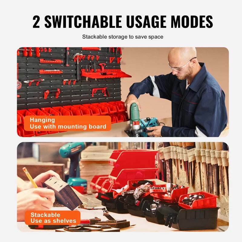 Wall Mounted Storage Bins Organizer for Garage and Workshop - Multi-Size, Durable Plastic Shelves with Hooks