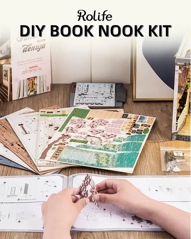 DIY Wooden Book Nook Kit with LED Light - Sakura Densya Japan Miniature House Model