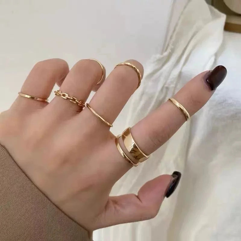 7-Piece Punk Geometric Ring Set for Women Silver Color Jewelry
