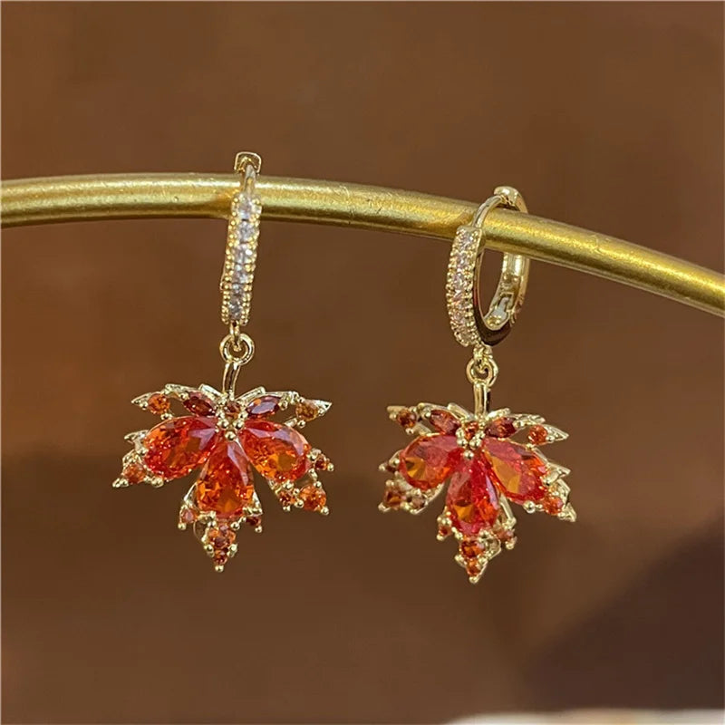 Vintage Crystal Zircon Maple Leaf Earrings for Women Party Jewelry Tassel Style