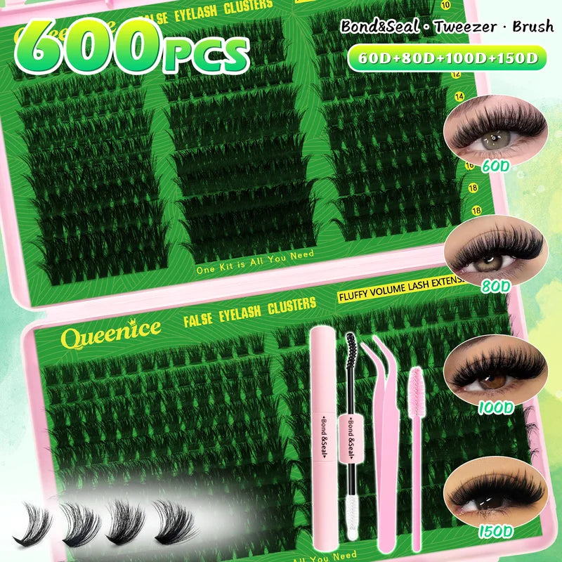 600 Pcs DIY False Eyelash Clusters Kit - Mixed Length Thick Natural Reusable Lashes