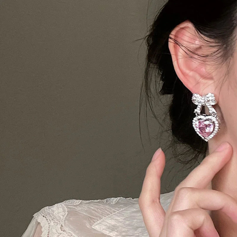 Pink Heart Shape Bowknot Stud Earrings with CZ Zircon for Women