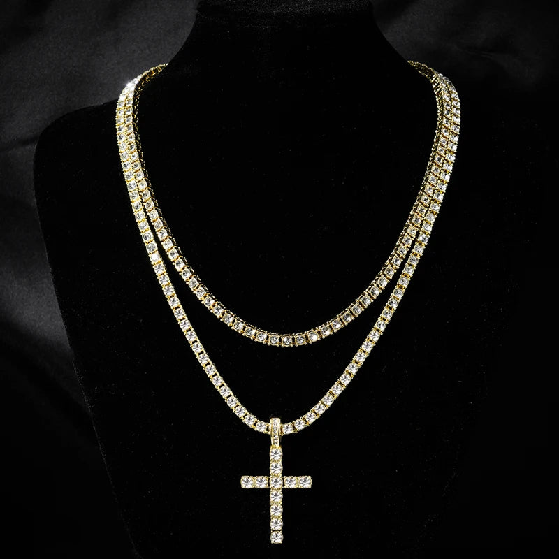 Hip Hop Cross Pendant Necklace Chain Men Women Sparkling Zircon Jewelry