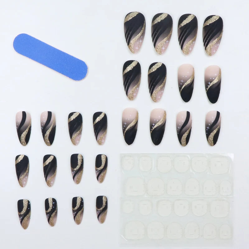 Medium Almond Black Press On Nails 24-Pack - Shimmering Ballerina Style