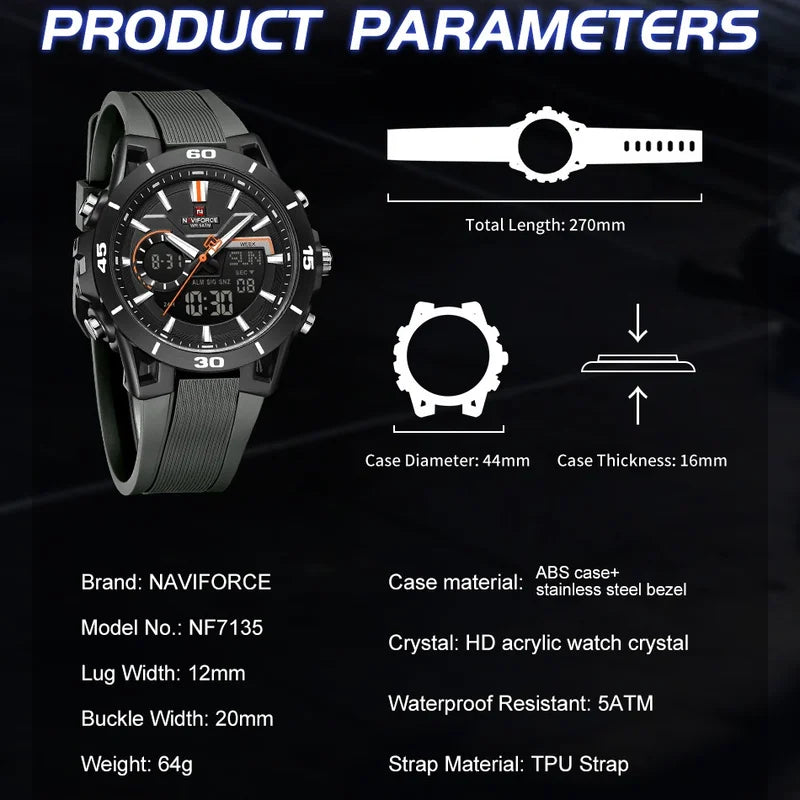 Men's Dual Display Sports Watch Waterproof LED Chronograph with Alarm