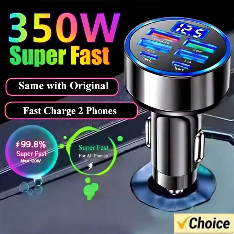 350W USB Car Charger with PD QC3.0 Type C Adapter for iPhone Samsung Huawei Xiaomi