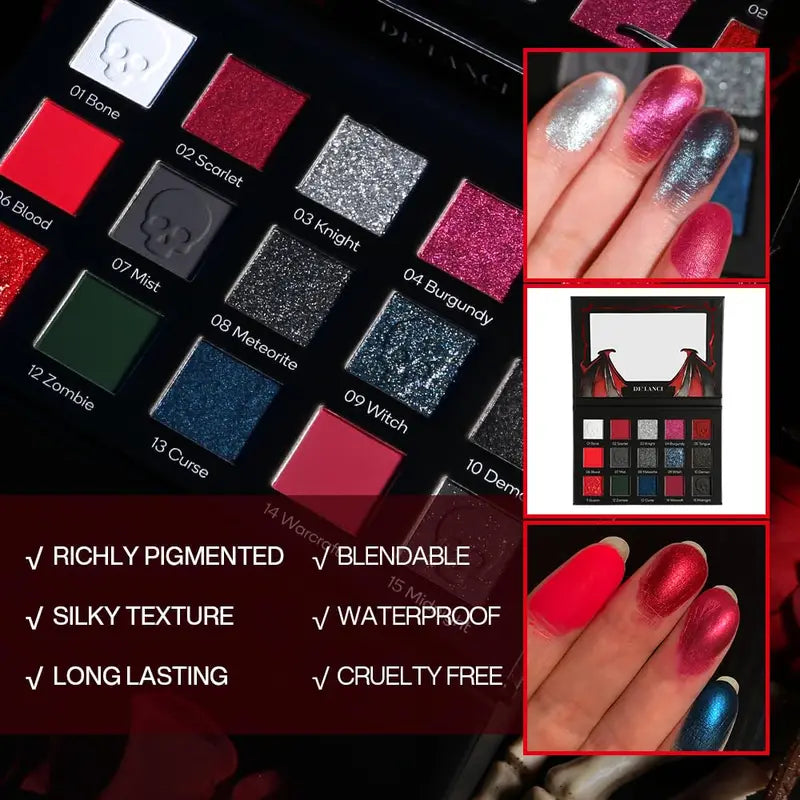 15-Color Eyeshadow Palette Matte Glitter Shimmer Goth Makeup for Halloween