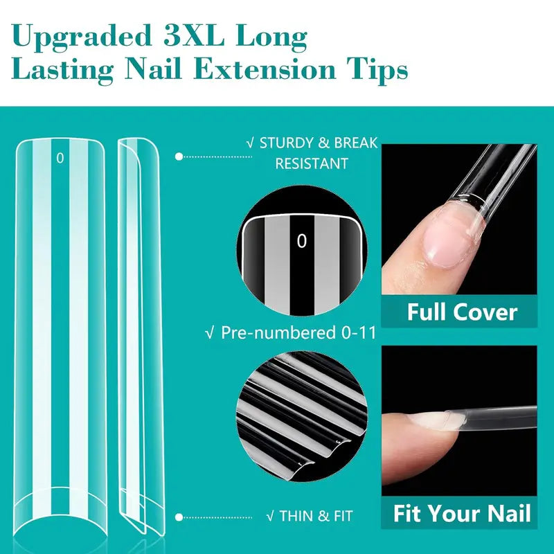 240PC Long Square Nail Tips for Acrylic Nails - Extra Long, 12 Sizes, Clear