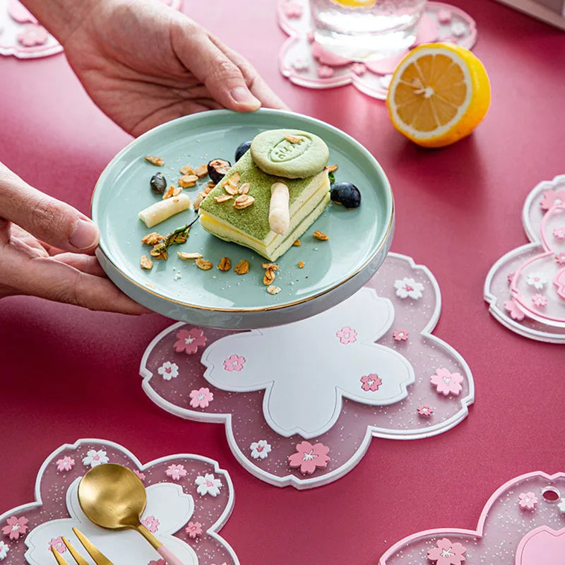 Cherry Blossom Silicone Coasters Set - Anti-Slip Kitchen Table Mat with Various Colors