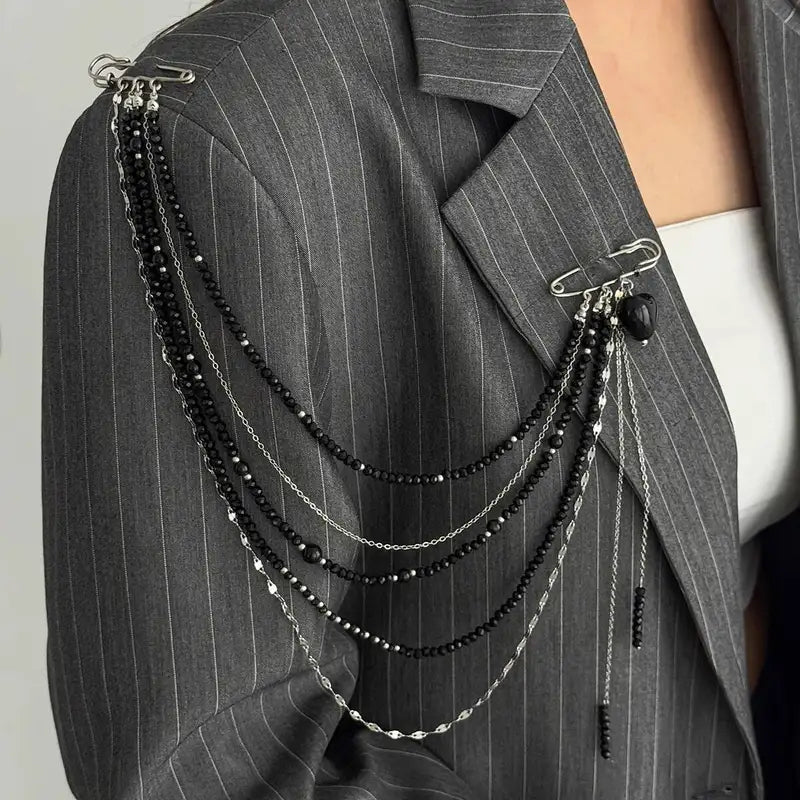 Black Crystal Bead Brooch for Women Multi-Layer Copper Chain Vintage Jewelry