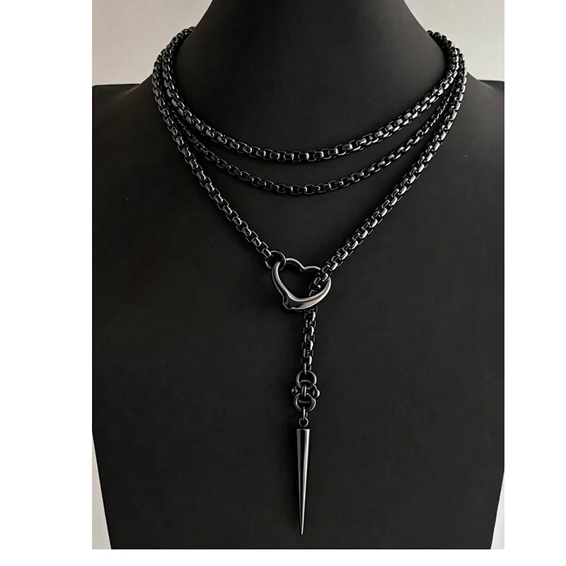 Alloy Layered Y Shape Necklace with Hollow Heart and Spike Pendant - Gothic Punk Women’s Jewelry