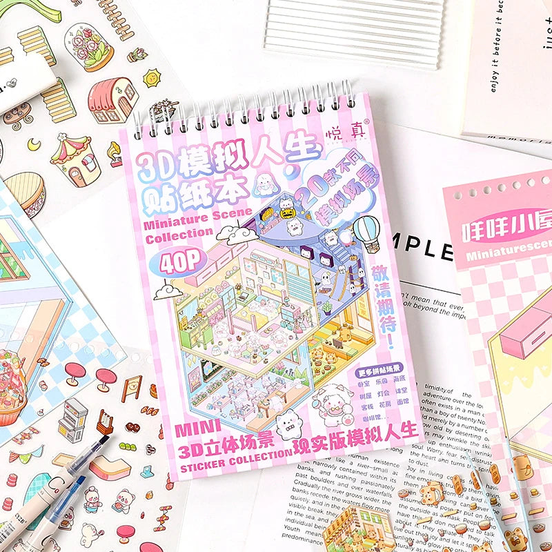 40Pcs Cartoon Sticker Book for Kids DIY The Sims 3D Scene Stickers Gift Stationery