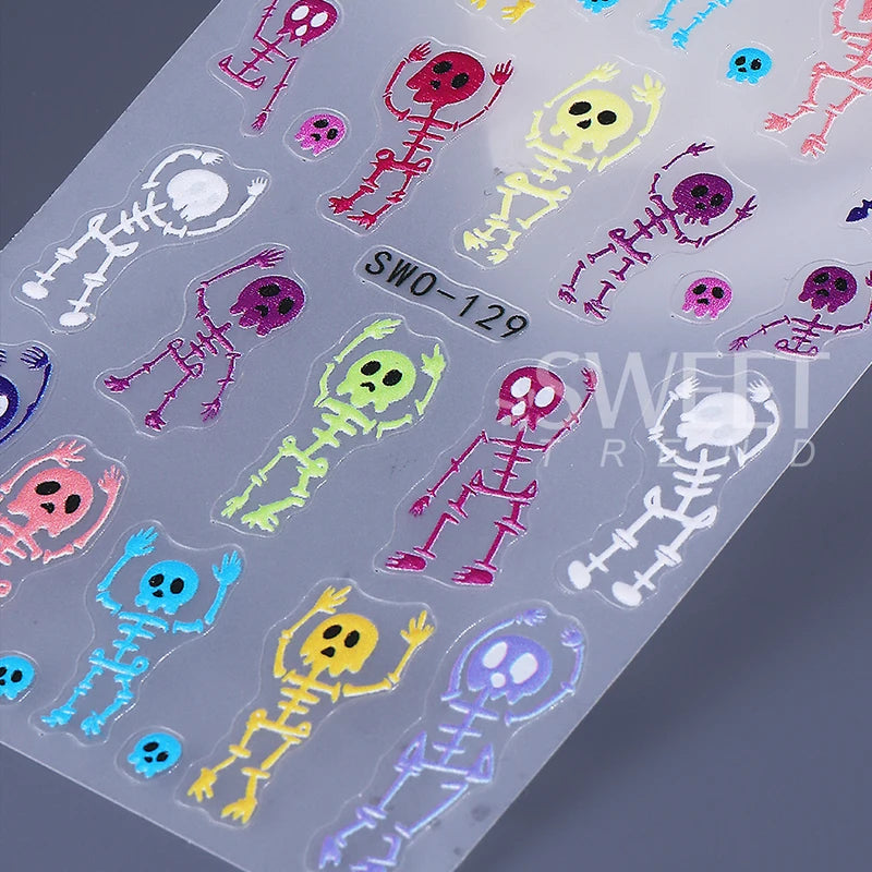 2pcs Skeleton Halloween Nail Stickers Cartoon Skull Head Textured Decals DIY Manicure Accessories