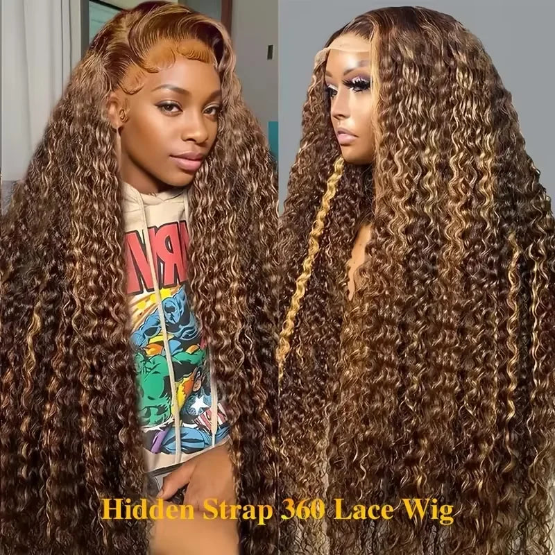 Deep Wave Human Hair Wig 360 Full Lace Front with Hidden Strap Blonde Highlights