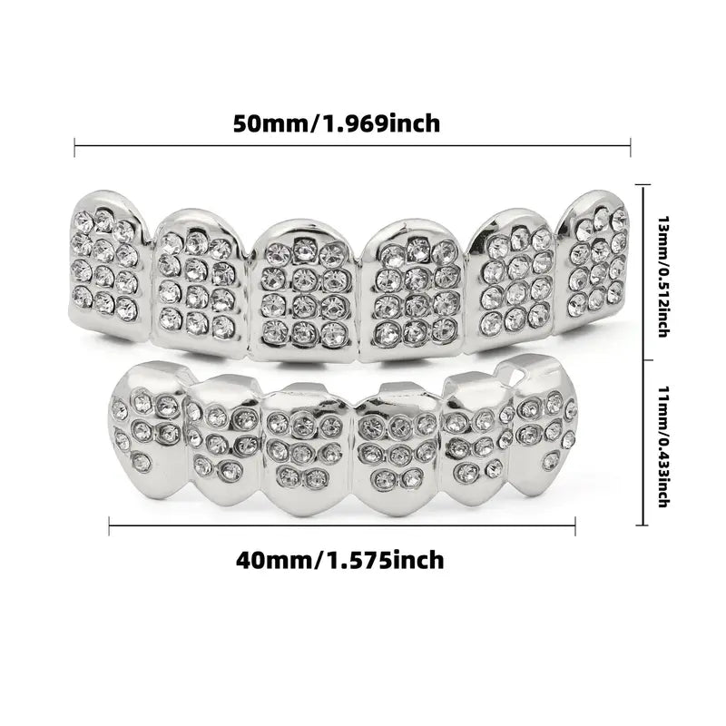 Hip-Hop Silver Teeth Set Diamond Encrusted Braces Party Body Jewelry