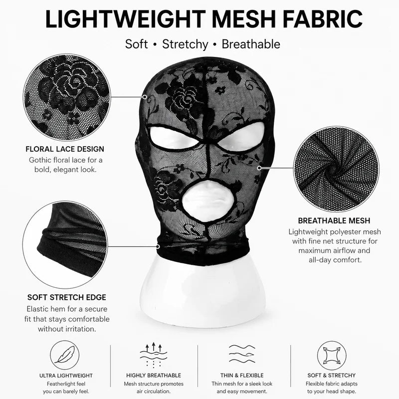 Gothic Lace Full Face Mask for Halloween Cosplay - Stretch Mesh Hood with Eye & Mouth Openings